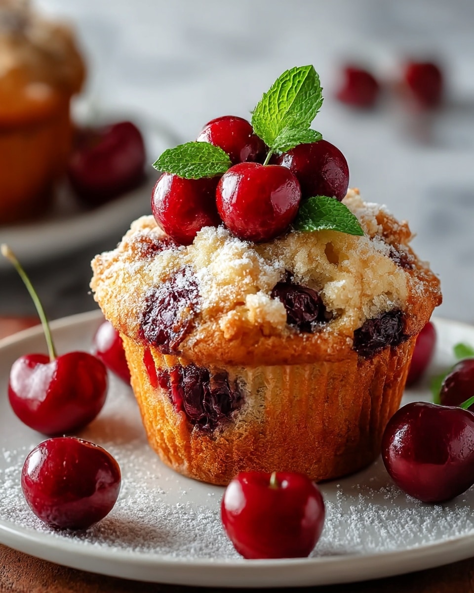 A close-up of a single muffin on a white plate, with a golden brown crumbly top speckled with dark red cherry pieces baked inside. On top of the muffin sits a small cluster of shiny whole red cherries with green mint leaves, adding a fresh touch. Around the muffin, more whole cherries are scattered on the plate and a few powdered sugar sprinkles dust the wooden-looking surface beneath, all set against a soft, blurred white marbled background. photo taken with an iphone --ar 4:5 --v 7