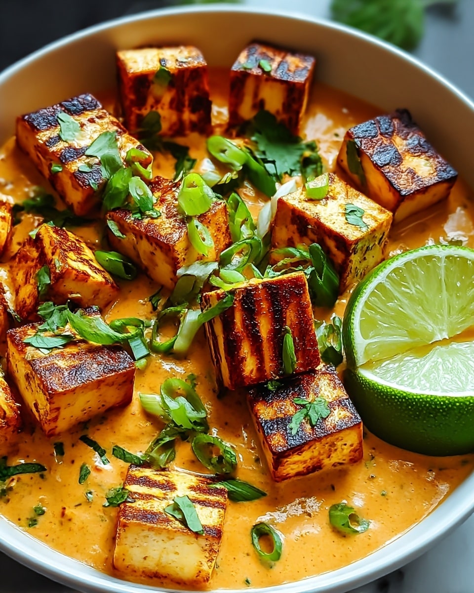 A black bowl filled with a creamy orange sauce as the base layer, topped with about fifteen golden-brown grilled tofu cubes arranged close together, each showing light char marks and a slightly crispy texture. The tofu cubes are scattered with finely chopped fresh green herbs, mainly cilantro and scallion slices, adding vibrant green color on top. On the left side of the bowl’s rim, a fresh lime wedge with a bright green and juicy interior rests partially submerged in the sauce. The background has a white marbled texture. photo taken with an iphone --ar 4:5 --v 7