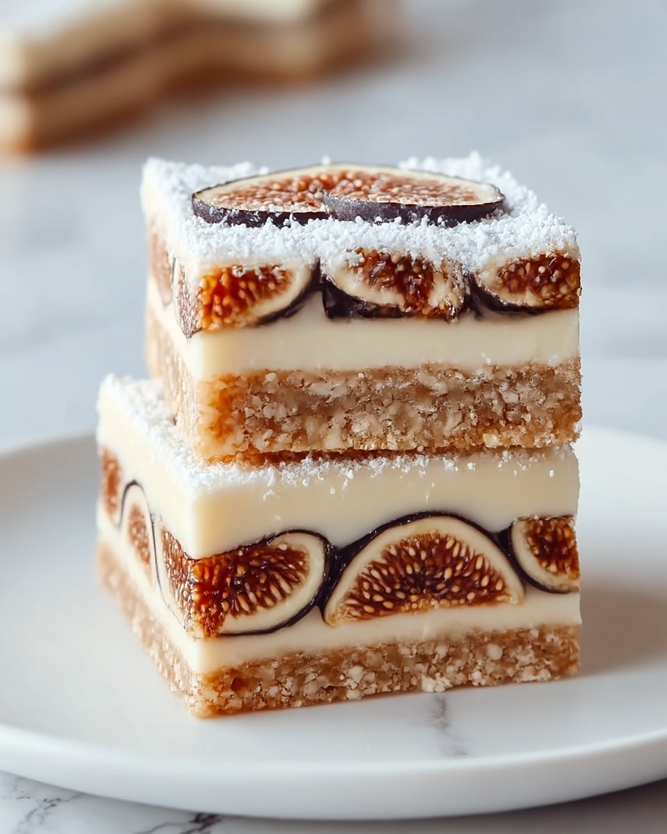 Two square dessert bars are stacked, showing four distinct layers in each bar. The bottom layer is a golden crumbly crust, with a rough texture. Above that is a dense, dark brown layer filled with small seeds, giving it a bumpy look. Next is a smooth, creamy white layer that contrasts with the darker layer below it. The top layer is similar to the creamy one but lightly browned with a sprinkle of white powder on top. The bars rest on white parchment paper on a white marbled surface. Photo taken with an iphone --ar 4:5 --v 7