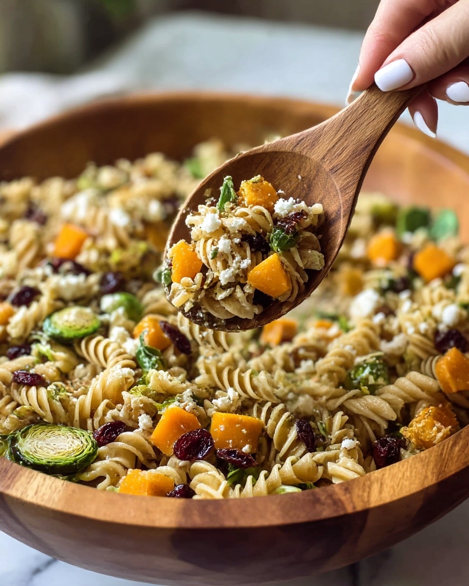 A close-up view of a large wooden bowl filled with a creamy spiral pasta salad mixed with small cubes of orange butternut squash, bright green Brussels sprout leaves, small white cheese crumbles, and some dark red dried cranberries. A woman's hand with white nail polish holds a wooden spoon scooping up a serving of the salad, showing a good mix of the spiral pasta, squash, Brussels leaves, cranberries, and cheese. The background has a soft focus and a white marbled surface beneath the bowl. photo taken with an iphone --ar 4:5 --v 7