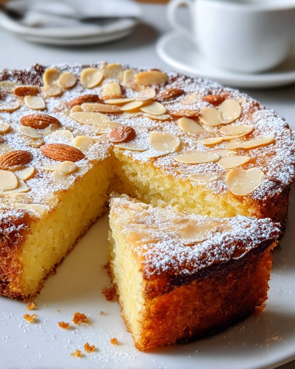 A round almond cake with a thick golden-brown crust and a moist, light yellow inside, cut to show its soft texture. The top layer is covered with toasted almond slices that are light brown and slightly crispy, dusted with white powdered sugar. The cake is on a white plate, sitting on a white marbled surface, with some crumbs and powdered sugar scattered around. In the background, there is a blurred white cup and saucer. photo taken with an iphone --ar 4:5 --v 7