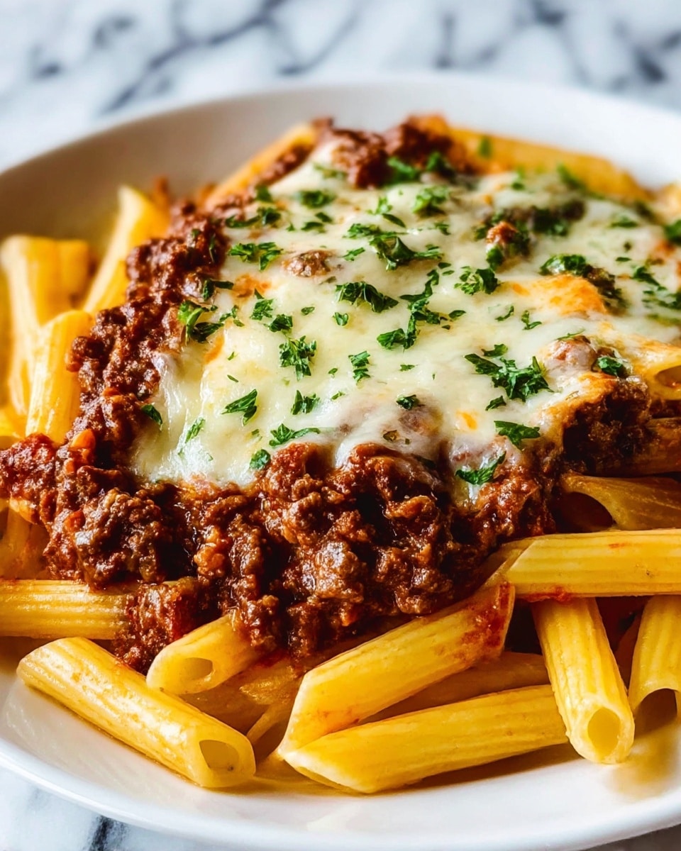 This image shows a close-up view of a plate of pasta. The dish has three main layers: the bottom layer is made of yellow penne pasta, cooked and arranged to fill the plate. On top of the pasta is a thick layer of dark brown ground meat mixed with red tomato sauce. The top layer is creamy melted white cheese scattered over the meat, with small bits of green herbs sprinkled on the cheese, adding a touch of color. The plate is white, and the background shows a white marbled surface. photo taken with an iphone --ar 4:5 --v 7