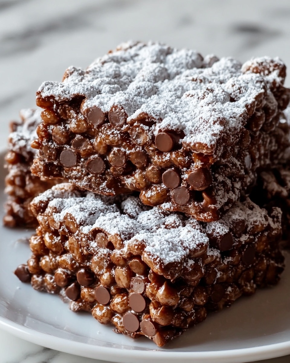 The image shows two square chocolate rice crispy treats stacked on top of each other on a white plate. Each treat has a thick layer of puffed rice cereal mixed with melted chocolate, visible as small round brown chocolate chips embedded within the crispy texture. The top layer of both treats is dusted with a fine white powder, likely powdered sugar, creating a snowy effect over the irregular surface. The edges of the treats are slightly uneven, and the rich, glossy chocolate clings to the rice puffs tightly. The background is a white marbled surface, enhancing the contrast of the dark chocolate treats. Photo taken with an iphone --ar 4:5 --v 7