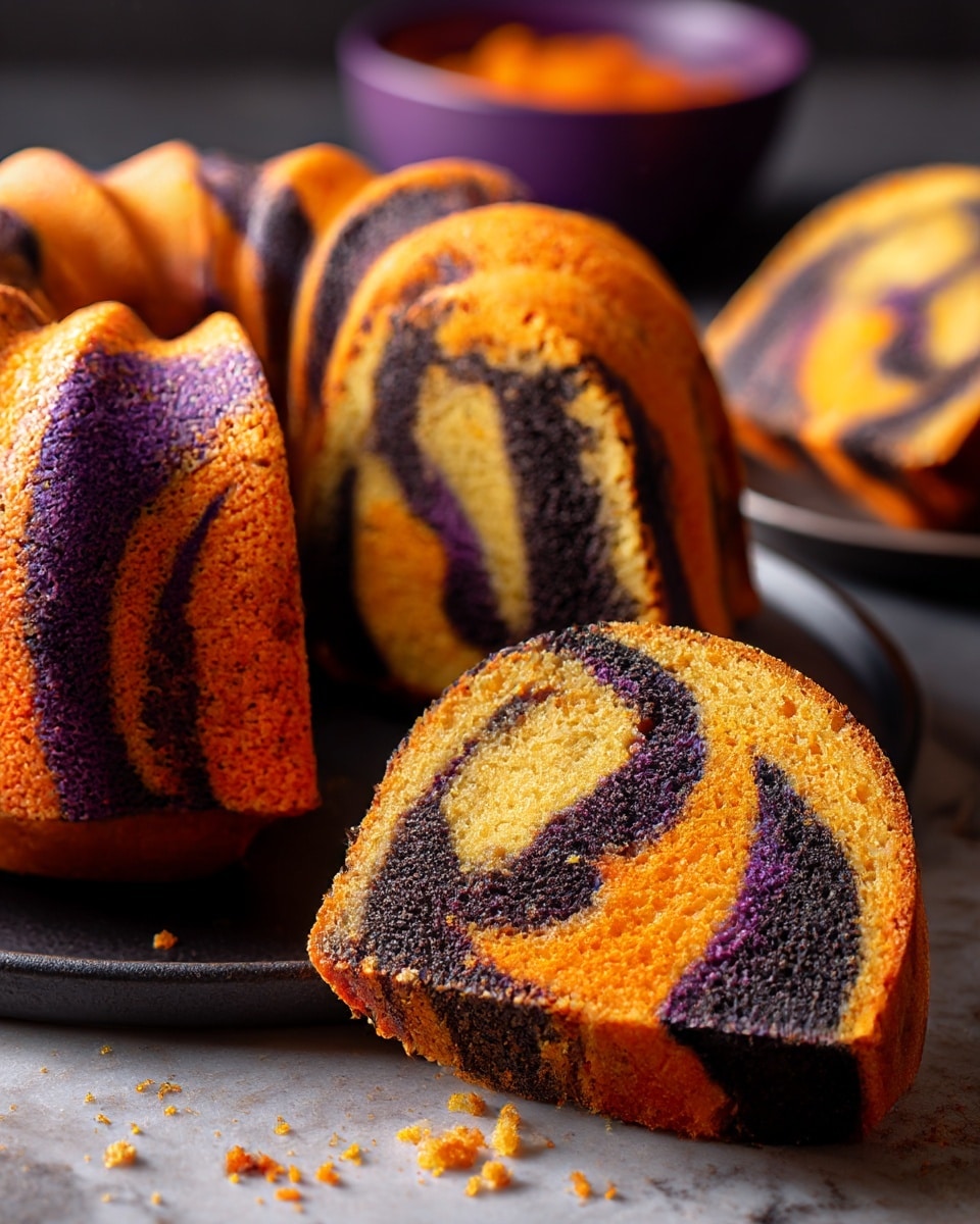A swirled bundt cake sits on a dark plate with a white marbled texture surface underneath, showing a rich pattern of three colors: bright orange, deep black, and vivid purple all blending in wavy stripes around the cake and inside the slices. The cake has a soft, moist texture, and the layers twist together beautifully, creating a marbled effect with the orange as the main color, accented by thick bands of black and purple. One slice is cut and positioned in front to highlight the colorful swirl pattern inside, with crumbs lightly scattered on the surface. In the background, part of a purple bowl with orange contents is blurred. Photo taken with an iphone --ar 4:5 --v 7