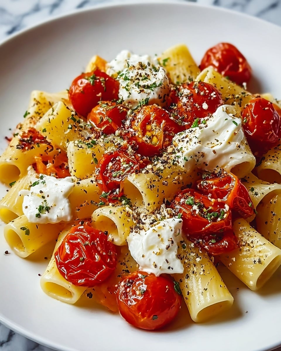 A white plate holds a serving of short tubular pasta as the base layer, light yellow in color with a smooth texture. Scattered evenly on top are roasted cherry tomatoes, some whole and some cut in half, shining bright red with a slightly wrinkled surface. Small dollops of white cream are placed among the pasta and tomatoes, adding a soft and creamy contrast. The dish is sprinkled generously with coarse black pepper and bits of fresh green herbs, giving a speckled, colorful finish. The background shows a white marbled texture. Photo taken with an iphone --ar 4:5 --v 7