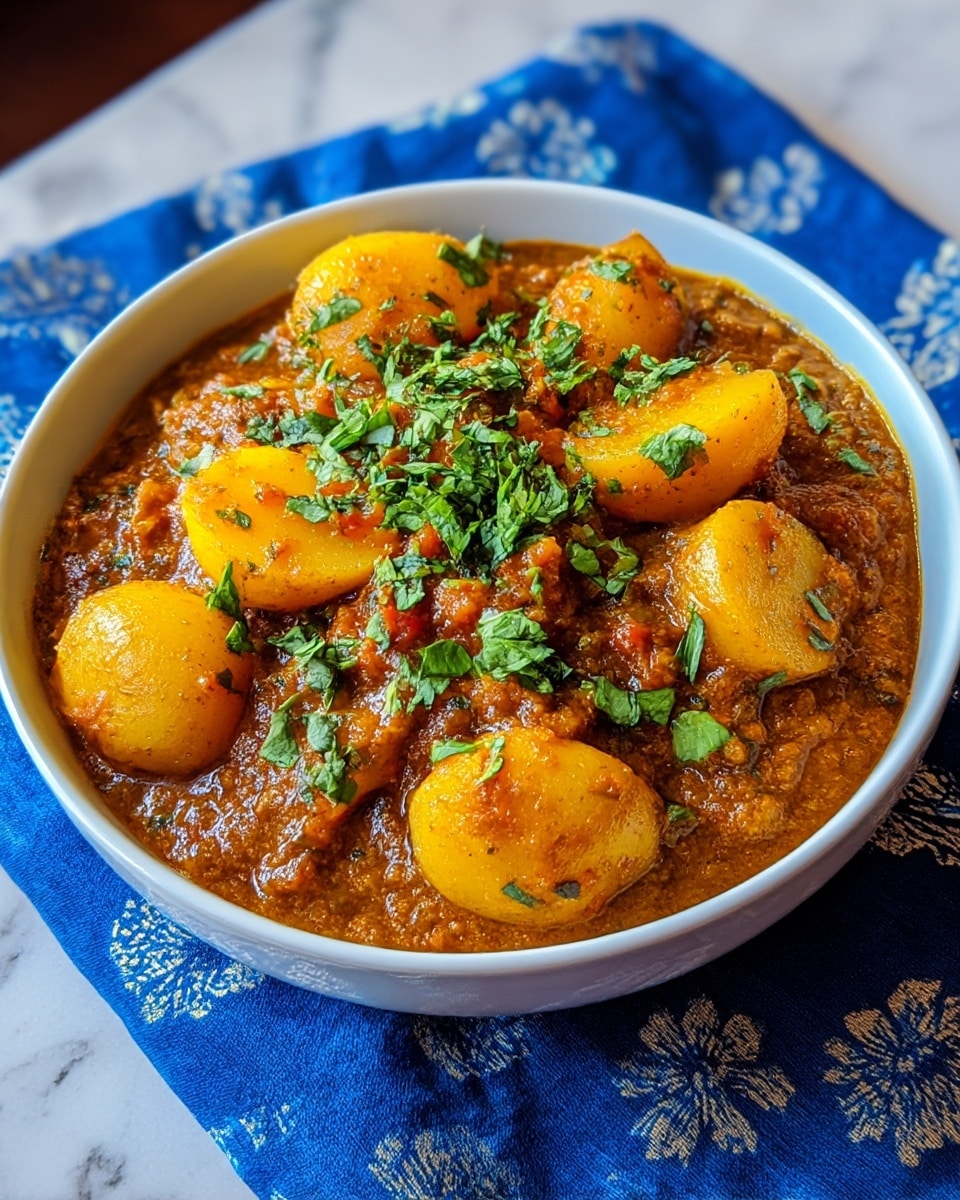 A black bowl filled with a thick potato curry sits on a blue patterned cloth over a white marbled table. The dish has a rich brownish-orange sauce that coats soft, cut potatoes, which are light yellow with a slightly rough texture. The curry is topped with finely chopped fresh green herbs scattered evenly across the surface. Small bits of red pepper pieces add bright spots of color within the curry. The bowl is full, presenting a hearty and comforting meal. Photo taken with an iphone --ar 4:5 --v 7