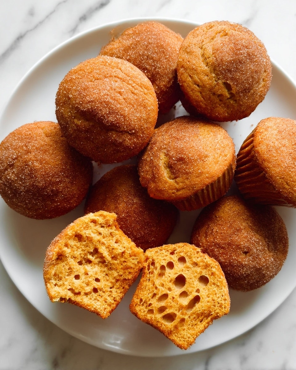 A white plate holds eight golden brown muffins with a soft texture and slightly rounded tops sprinkled with a fine layer of cinnamon sugar, with one muffin torn in half to reveal a moist, fluffy orange-brown inside full of small air pockets, all resting on a white marbled surface. Photo taken with an iphone --ar 4:5 --v 7