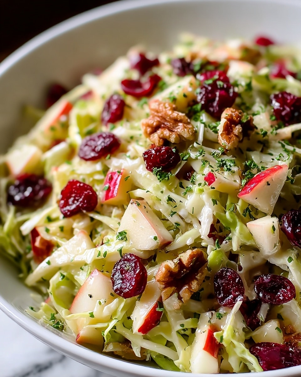 A close-up view of a fresh salad on a white bowl, showing shredded pale green cabbage as the base layer mixed with small chunks of red and white apple pieces scattered throughout. On top, deep red dried cranberries add bright pops of color along with some small brown walnut pieces. A light dressing glistens over the salad, and finely chopped green herbs are sprinkled across the top. The bowl is placed on a white marbled surface, and the focus on the salad highlights the mix of textures and colors with a soft blurred background. photo taken with an iphone --ar 4:5 --v 7