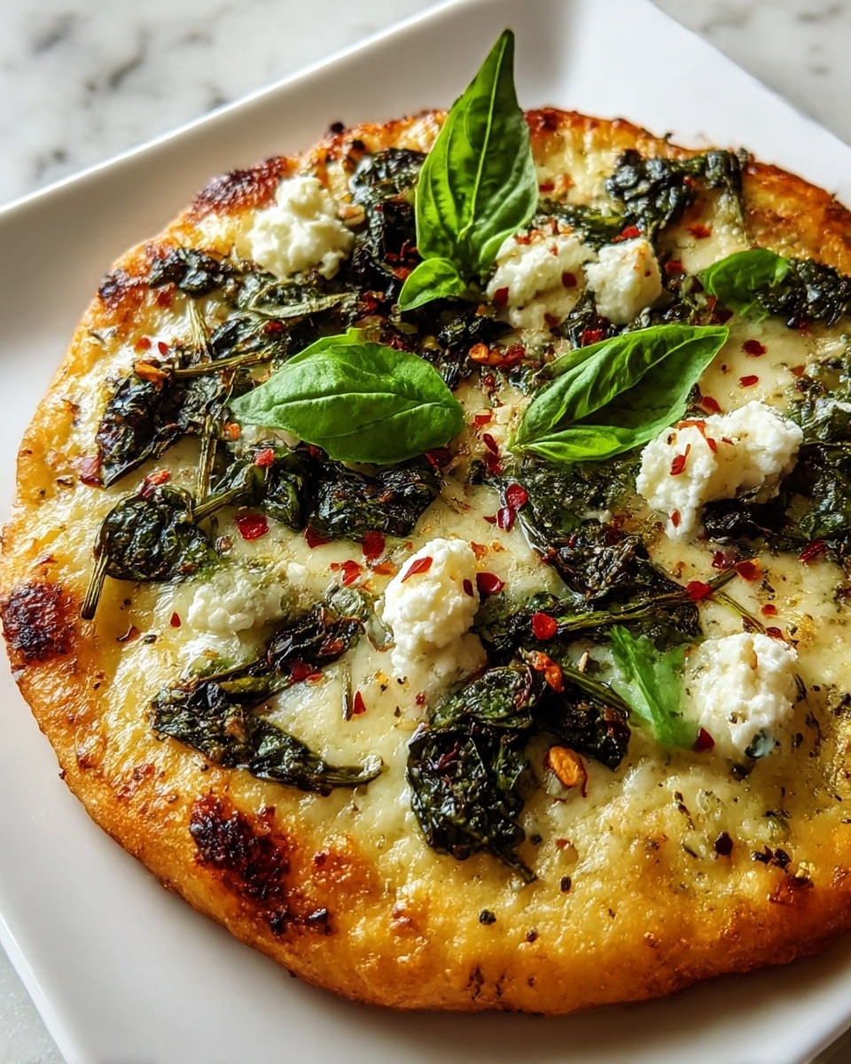 A small round pizza is shown on a white square plate with a golden-brown crust that has some darker toasted spots. The first layer is melted white cheese covering the entire dough, topped with scattered cooked spinach leaves that are dark green with a slightly wilted texture. Small dollops of crumbly white cheese are spread evenly over the spinach. Fresh bright green basil leaves sit on top as the final layer along with a light sprinkle of red chili flakes and black pepper. The background is a white marbled texture. photo taken with an iphone --ar 4:5 --v 7