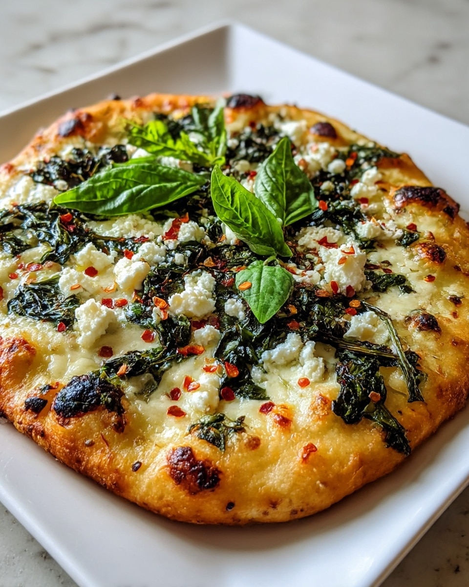 A small, round pizza on a white square plate, showing a golden brown crust with some charred spots, topped with melted white cheese as the base layer. On top, there is a generous layer of cooked dark green spinach leaves scattered evenly. Crumbled white cheese is spread over the spinach, adding texture and small lumps. A few fresh bright green basil leaves are placed on top as the final layer alongside red chili flakes sprinkled across, creating a colorful contrast. The setting is on a white marbled textured surface, highlighting the pizza's vibrant and fresh toppings. photo taken with an iphone --ar 4:5 --v 7