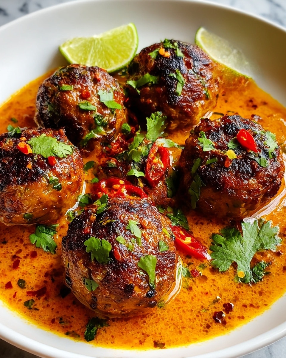 The image shows a white plate filled with six browned, round meatballs sitting in an orange, oily sauce. The meatballs have a crispy texture with some dark charred spots and are sprinkled with small chopped green cilantro leaves and red chili pieces. Behind the meatballs, there are two lime wedges adding a fresh contrast. The surface underneath is changed to a white marbled texture. The dish looks warm, spicy, and freshly made. photo taken with an iphone --ar 4:5 --v 7