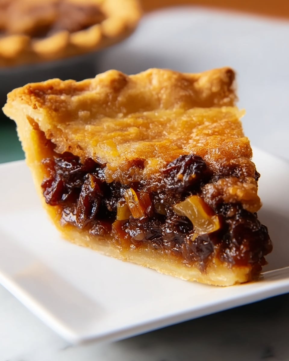 A close-up of a single slice of pie on a white plate, with three visible layers. The bottom layer is a thin, golden-brown crust that looks firm and slightly crumbly. The middle layer is thick and filled with dark, glossy raisins that appear juicy and packed tightly together. The top layer is a golden, baked crust with a slightly rough texture and browned edges, showing a crispy finish. The background is a white marbled surface with a soft focus, enhancing the warm colors of the pie. photo taken with an iphone --ar 4:5 --v 7