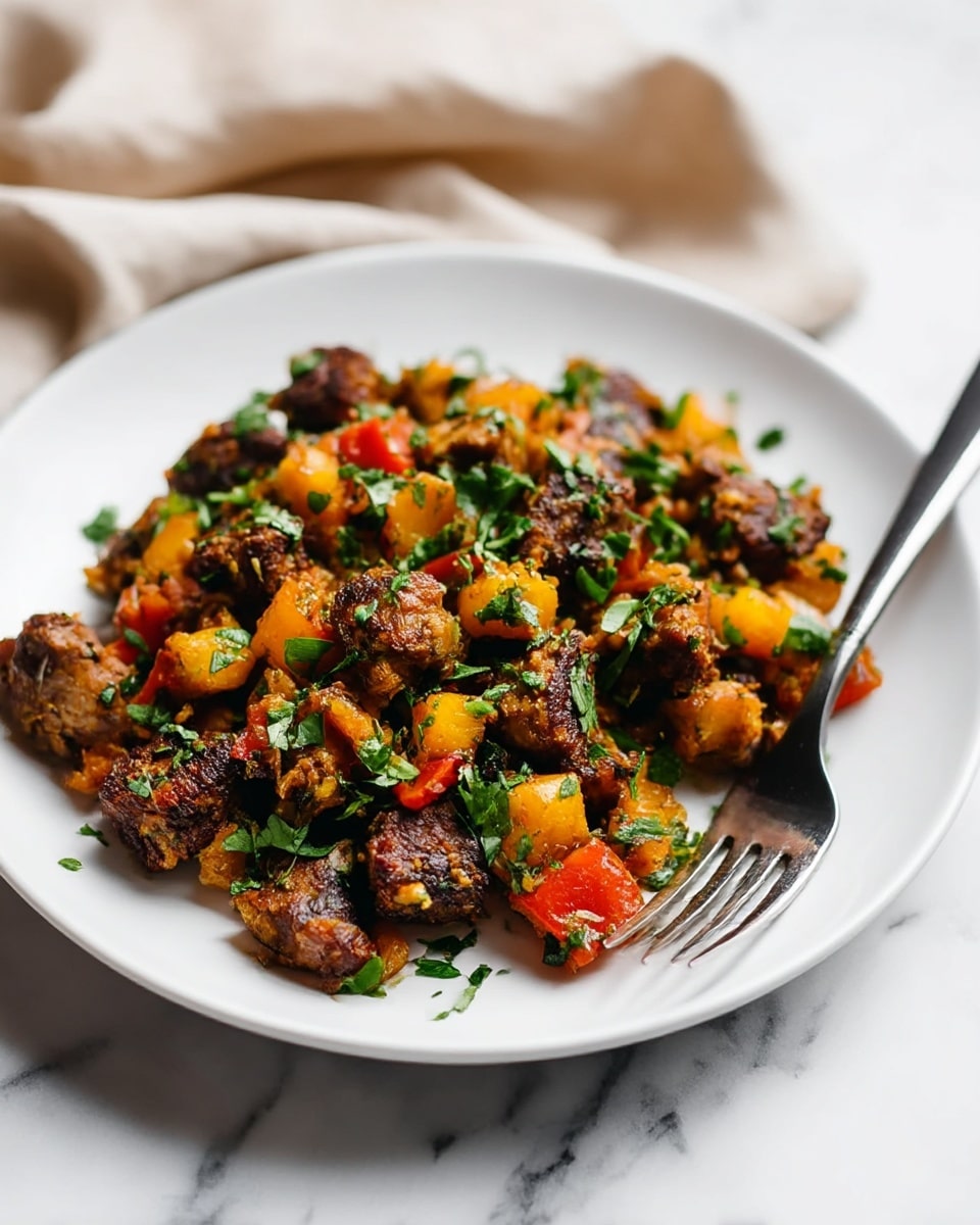A white plate holds a mixed dish with three main layers: dark brown, slightly charred chunks of meat scattered throughout; bright yellow and red bell pepper pieces with smooth, shiny surfaces interspersed between the meat; and fresh green herbs chopped and sprinkled over the entire dish, adding a lively touch. The food looks well-cooked with a mix of textures—some pieces are crispy while others are tender-looking. A silver fork with a black handle rests on the plate, angled diagonally. The plate sits on a white marbled surface with a soft beige cloth blurred in the background. Photo taken with an iphone --ar 4:5 --v 7