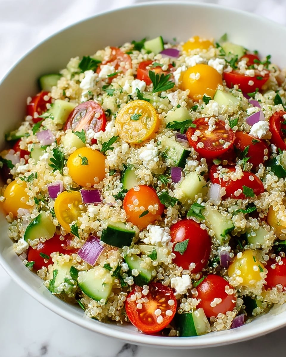 A large white bowl filled with a fresh, colorful quinoa salad on a white marbled surface. The salad shows a mix of small, light beige quinoa grains as the bottom layer, topped with bright red and yellow cherry tomatoes cut in half, light green cucumber pieces in small cubes, and bits of purple onion scattered throughout. There are small white crumbles of cheese and green parsley leaves sprinkled on top for garnish. The textures look fresh and slightly juicy, with a vibrant mix of colors from red, yellow, green, purple, and white making the dish visually appealing. photo taken with an iphone --ar 4:5 --v 7