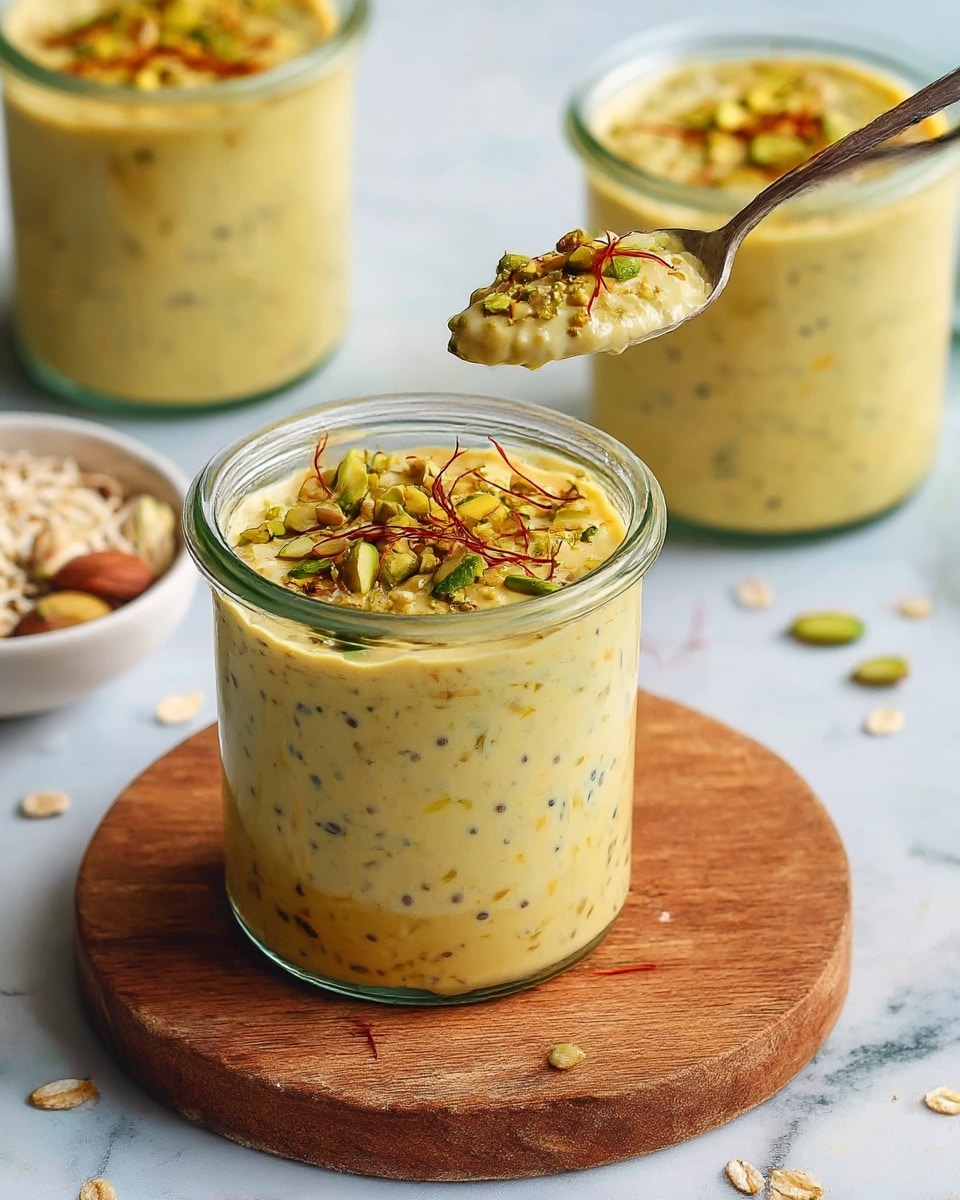 The image shows a creamy, yellowish pudding in a clear glass jar placed on a round wooden board. The pudding has small black seeds and bits throughout, giving it a speckled texture, with a thick consistency. On top, it is garnished with chopped green nuts and some thin, reddish saffron strands. A spoon is partially dipped into the jar, lifting some pudding with the garnish. In the background, there are two more similar jars filled with the same pudding, scattered oat flakes, and a white bowl with chopped nuts. All of this is set on a white marbled surface. Photo taken with an iphone --ar 4:5 --v 7