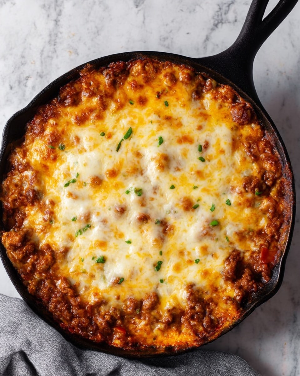 A close-up of a cast iron skillet filled with a layered baked dish featuring a bottom layer of chunky brown meat sauce with visible bits of red bell pepper, topped with a thick, melted, golden-yellow and white cheese layer that is bubbly with browned spots. Small green herb pieces are sprinkled across the surface, adding color contrast. The skillet rests on a white marbled texture surface with a gray cloth napkin partially visible outside the skillet's handle area. Photo taken with an iphone --ar 4:5 --v 7