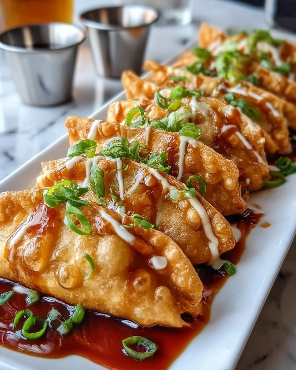 A white rectangular plate holds a row of six crispy golden brown fried dumplings, each folded and filled, showing a crunchy texture with tiny bubbles on the surface. The dumplings are layered slightly on each other, covered with thin white sauce drizzles and thick dark brown sauce that pools around the base. Bright green chopped scallions are scattered on top and between the dumplings, adding a fresh pop of color. The plate sits on a white marbled surface with blurred background elements, including two small metal containers. Photo taken with an iphone --ar 4:5 --v 7