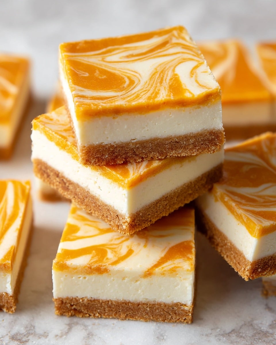 The image shows a stack of square dessert bars with three clear layers. The bottom layer is a crumbly, light brown crust. The middle layer is thick, creamy, and white, providing a smooth texture. The top layer features a marbled swirl pattern of bright orange and white, giving a lively contrast and a visually appealing design. The dessert pieces are neatly cut and arranged on a surface with a white marbled texture. Photo taken with an iphone --ar 4:5 --v 7
