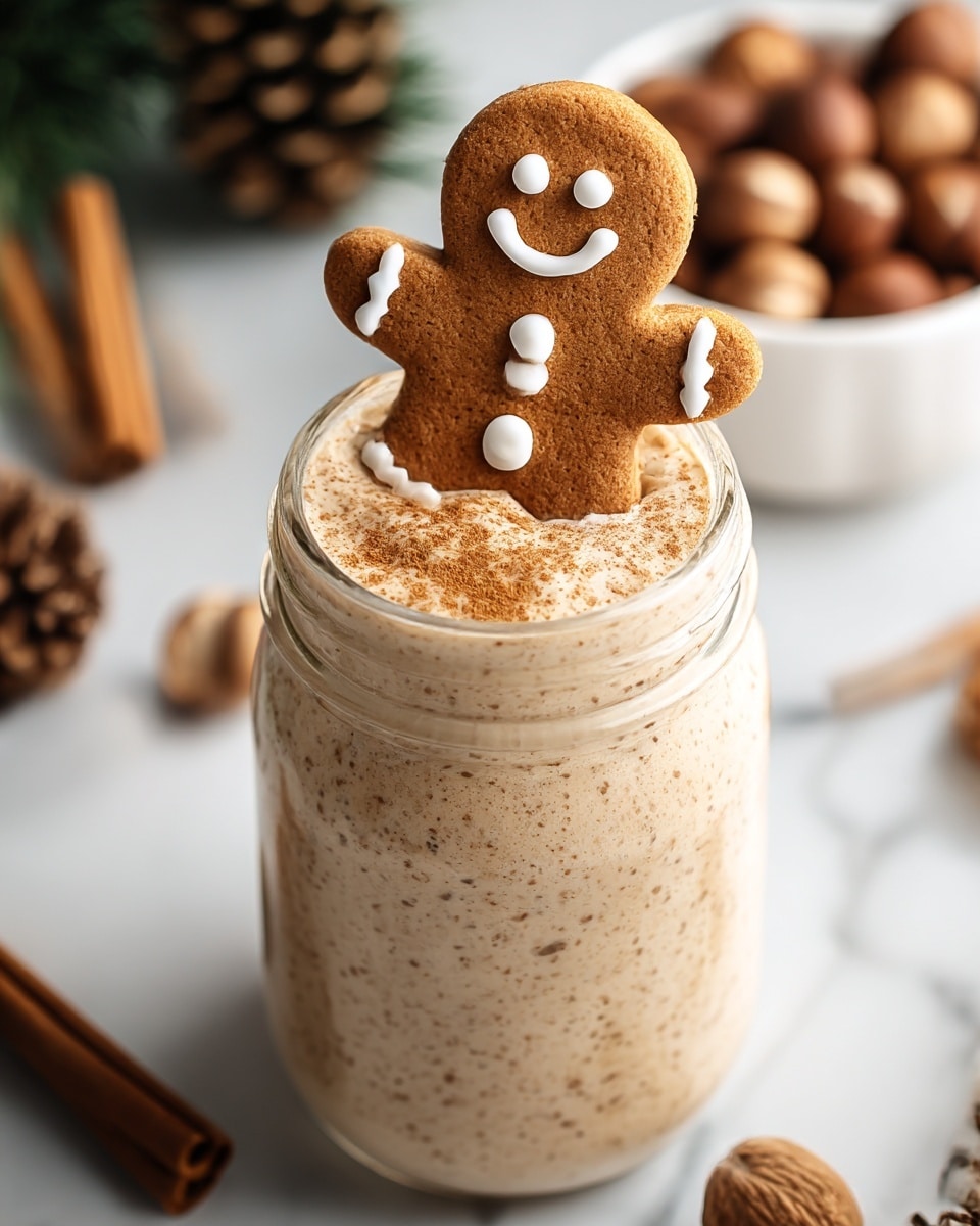 A clear glass jar filled with a creamy, speckled beige drink that looks thick and frothy, topped with a light dusting of cinnamon powder. A smiling gingerbread man cookie, decorated with white icing for eyes, mouth, and buttons, is placed standing at the top center, partially submerged in the drink. The jar sits on a white marbled surface with blurred pine cones, cinnamon sticks, and a white bowl filled with round brown nuts in the background, creating a cozy and warm atmosphere. photo taken with an iphone --ar 4:5 --v 7