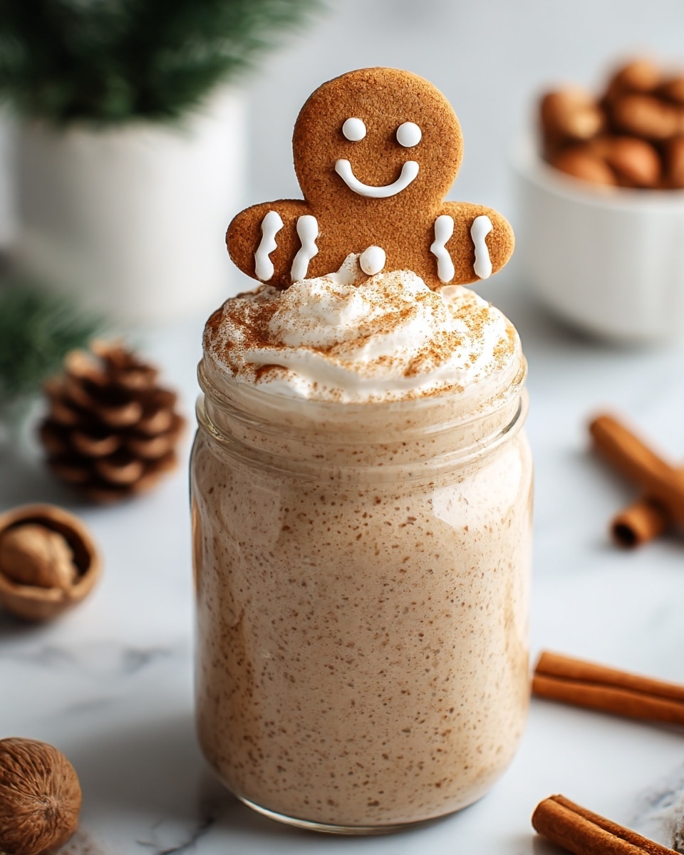 A clear glass jar filled with a thick, creamy, light brown drink speckled with darker brown spices, topped with a layer of frothy whipped cream dusted with cinnamon. A smiling gingerbread cookie decorated with white icing is placed upright into the whipped cream, standing out against the soft texture. The scene is set on a white marbled surface with blurred pinecones, cinnamon sticks, and a white cup of nuts in the background, giving a warm, cozy feel. Photo taken with an iphone --ar 4:5 --v 7