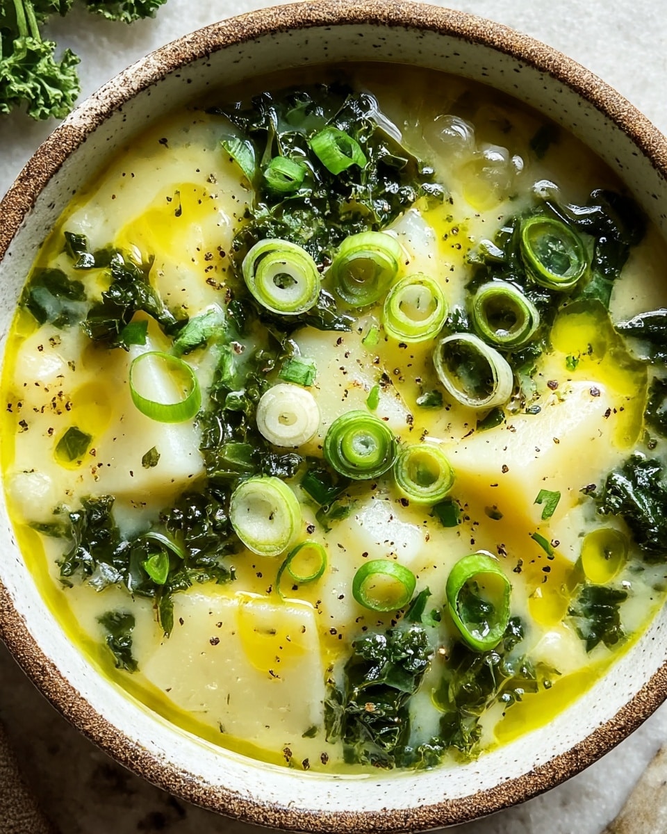 A close-up view of a creamy soup served in a white bowl with speckled rustic edges, placed on a white marbled textured surface. The soup shows layers of pale yellow creamy base with chunks of white potatoes and vibrant deep green kale scattered throughout. On top, there are thin bright green rings of fresh spring onions and a drizzle of golden olive oil creating a glossy effect. Small specks of black pepper are sprinkled over the surface, adding texture and contrast. The soup looks hearty and fresh, making the layers easily visible in the bowl. Photo taken with an iphone --ar 4:5 --v 7