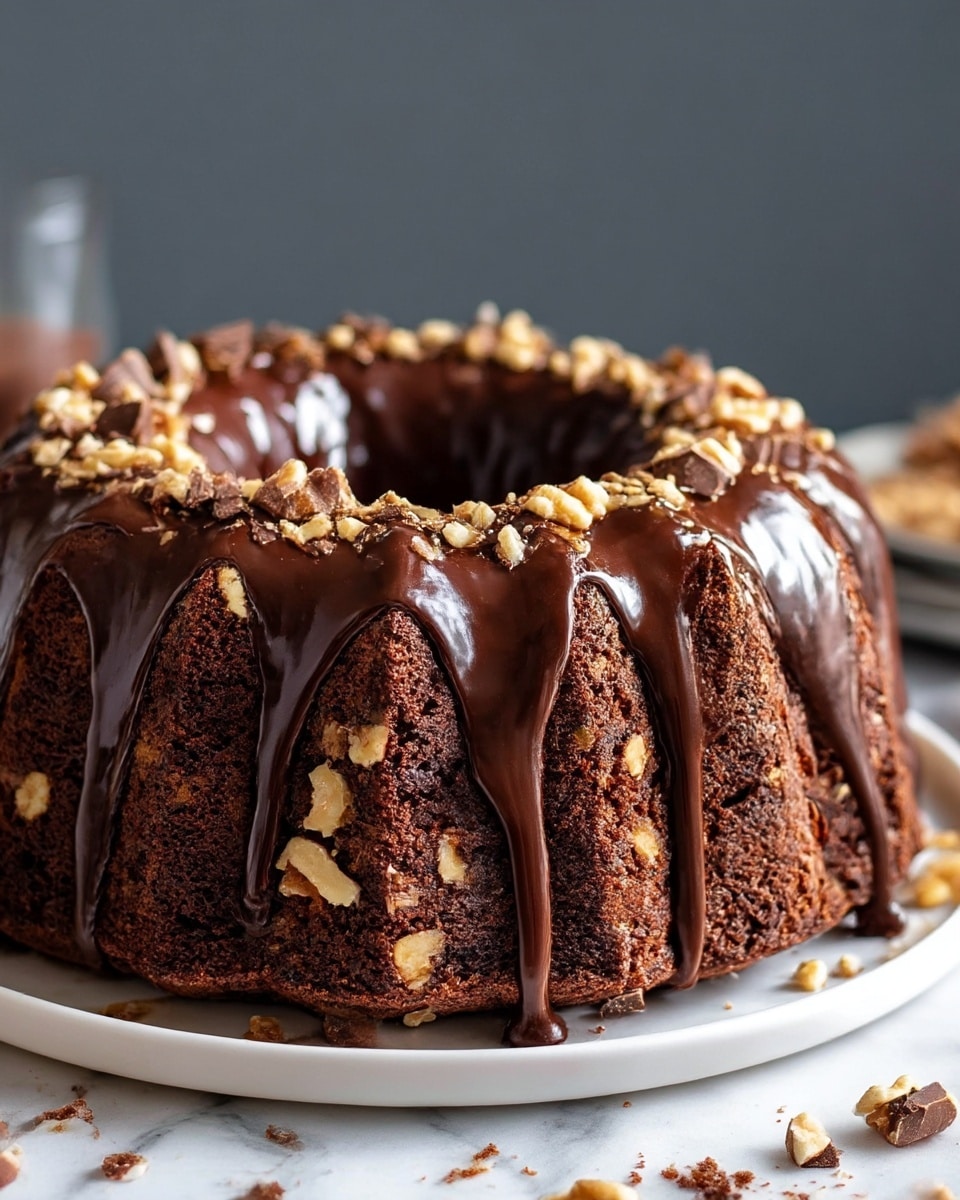 A thick chocolate bundt cake with three visible layers, each rich brown and studded generously with large light tan nut pieces and dark chocolate chunks. The top is covered in a glossy dark chocolate glaze that drips down the sides in thick, smooth streams. The cake sits on a white plate, placed on a white marbled surface, with a slight bit of cake crumbs scattered around. The background is softly blurred, drawing attention to the moist texture and rich chocolate shine of the cake. Photo taken with an iphone --ar 4:5 --v 7