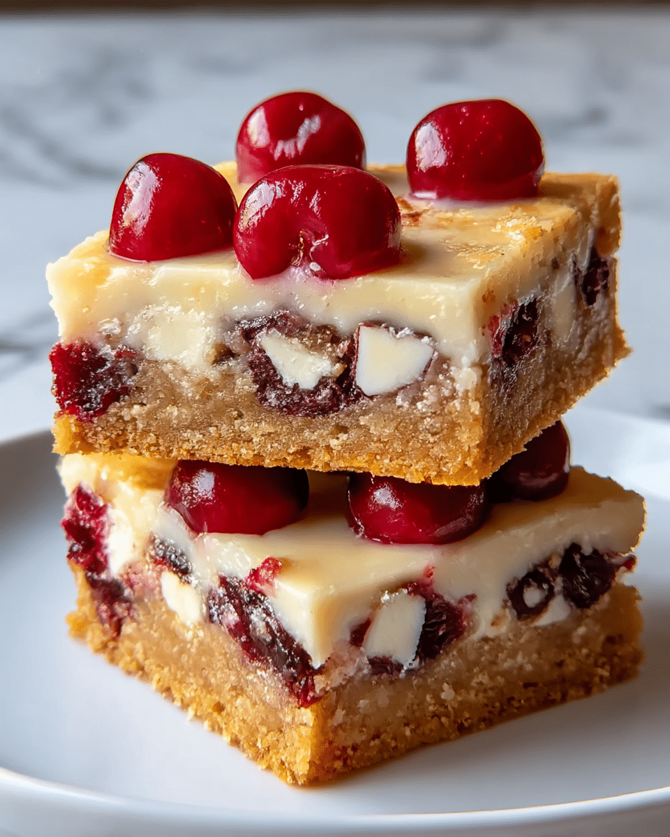 Two square dessert bars stacked on a white plate, each bar showing four distinct layers. The bottom layer is a golden brown, crumbly crust with a rough texture. Above the crust, there is a dense, slightly moist layer with small chunks of dark red fruit and white pieces dispersed inside. The third layer is a smooth, light-colored creamy mixture stretching across the bar, with bits of fruit and chocolate visible inside. On top, there are whole shiny red cherries placed evenly on the creamy layer, giving a glossy finish. The background is a white marbled texture. Photo taken with an iphone --ar 4:5 --v 7