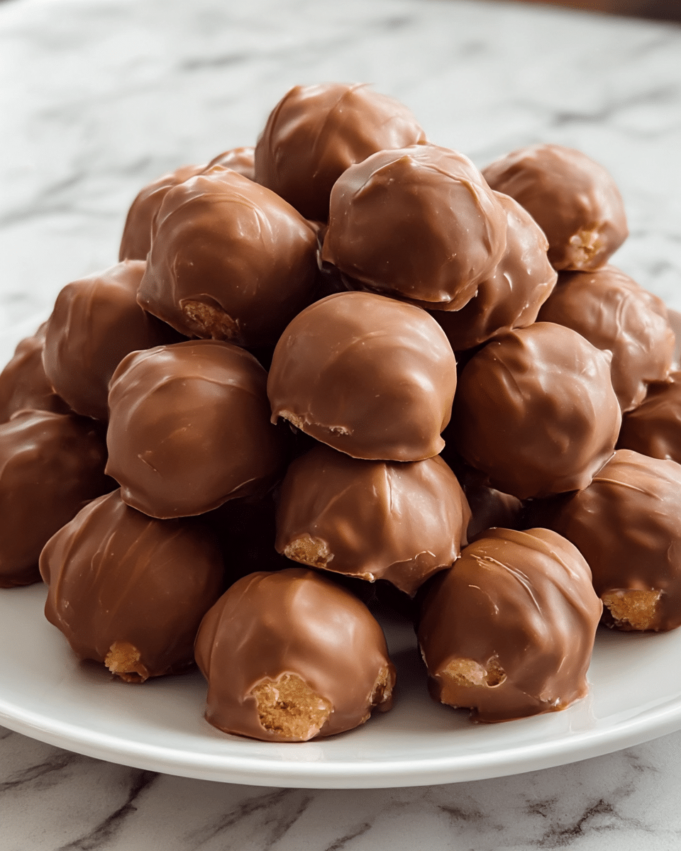 A white plate full of round chocolate-covered balls stacked tightly in multiple layers. The balls have a smooth, shiny milk chocolate coating with slight uneven ridges on the surface and small chunks of a lighter, crumbly texture peeking out at the base. The balls are arranged closely, creating a piled, textured look that fills the plate. The background is a white marbled texture, giving a clean and bright look to the scene. photo taken with an iphone --ar 4:5 --v 7