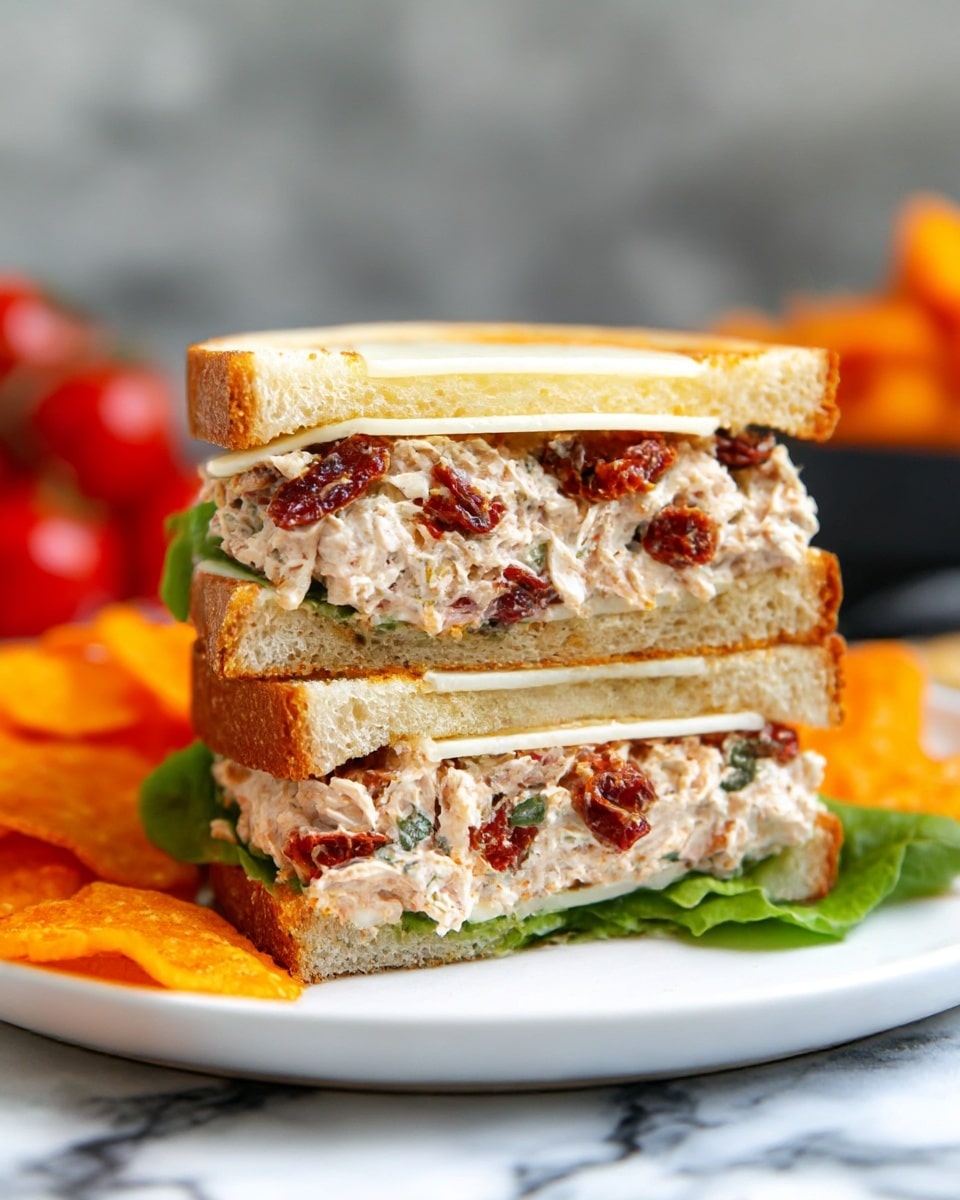 A sandwich cut in half and stacked shows two thick slices of toasted light brown bread with a golden crust on top and bottom; between them is a thick layer of chunky chicken salad mixed with red bits of sun-dried tomato and green herbs, topped with a smooth, white slice of cheese on each half. Beneath the bottom piece of bread is a small leafy green lettuce. The sandwich sits on a white plate with crunchy orange chips scattered around it, all placed on a white marbled surface. In the blurry background, there are red tomatoes and more chips. Photo taken with an iphone --ar 4:5 --v 7
