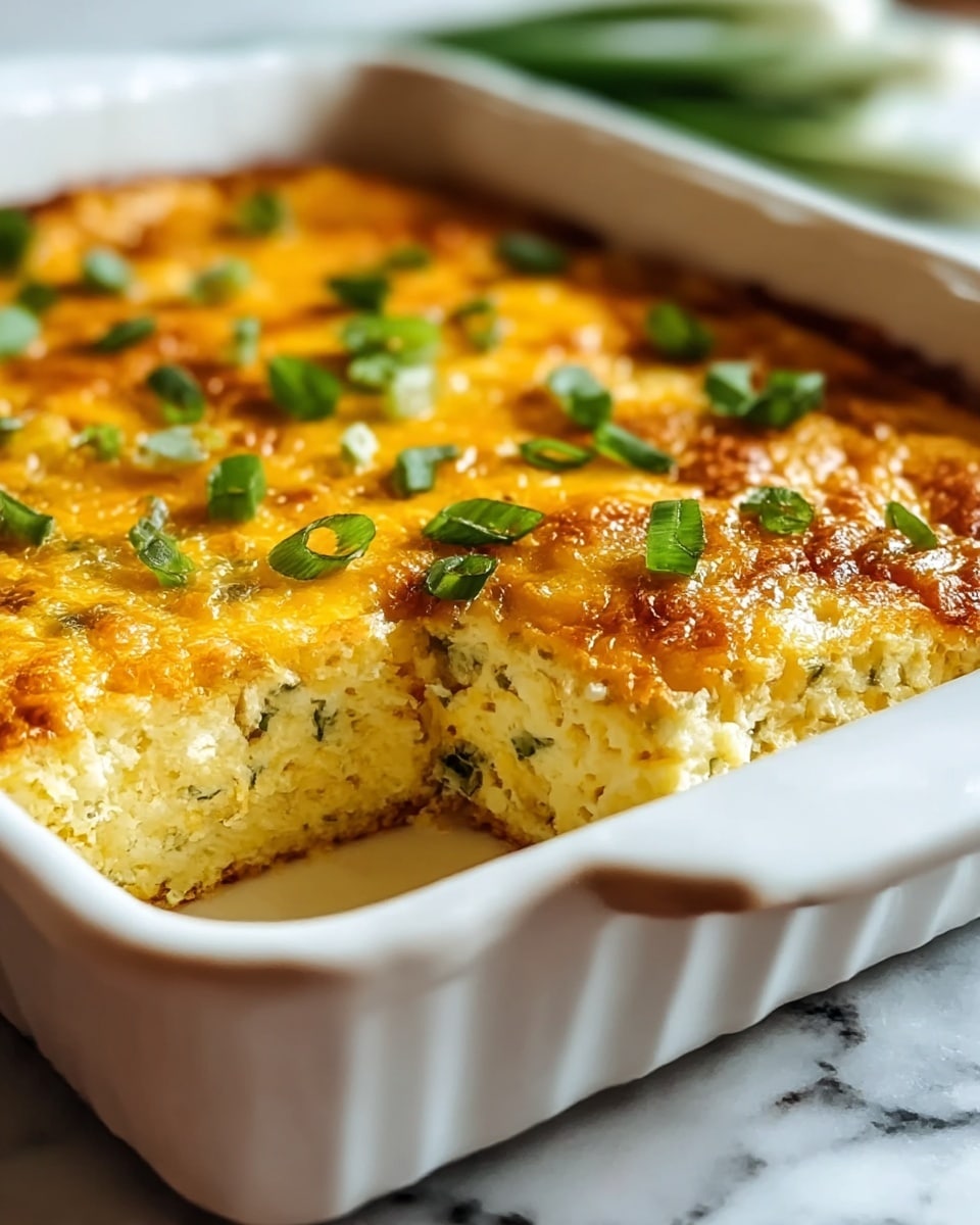 A white rectangular ceramic dish filled with a baked egg casserole that shows three visible layers: the bottom layer is light yellow and fluffy, the middle layer is slightly denser with flecks of green herbs, and the top layer is golden brown and slightly crispy with melted cheese. The top is sprinkled with pieces of chopped green onions scattered evenly. One corner of the casserole is scooped out, revealing the soft texture inside. The dish is placed on a white marbled surface. photo taken with an iphone --ar 4:5 --v 7