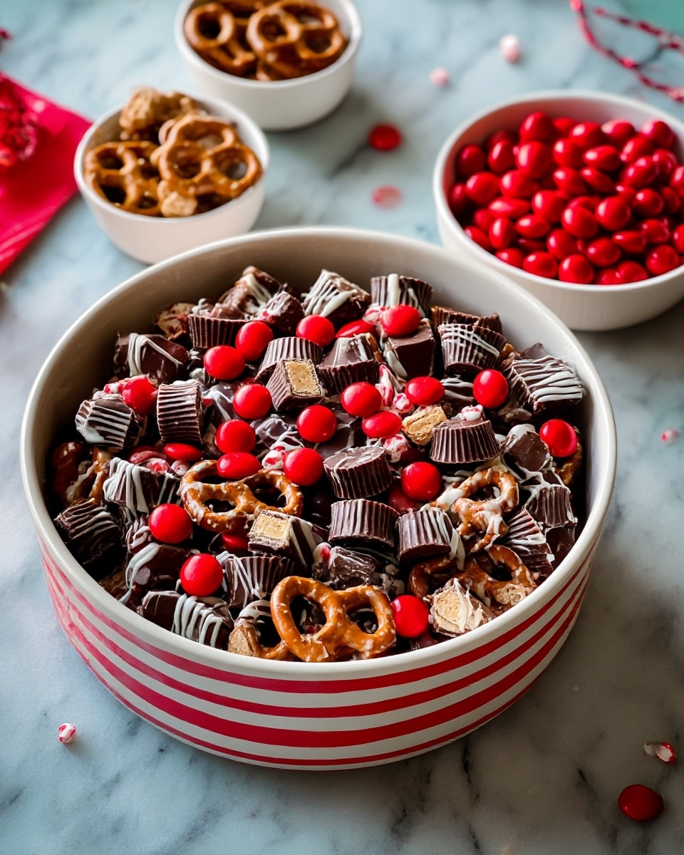 A round white bowl with red stripes is filled with a mix of chocolates. The bottom layer has dark chocolate pretzels covered in white chocolate drizzle. On top of that, there are mini peanut butter cups scattered throughout, with bright red candy-coated chocolates filling the spaces in between. The mix looks rich and colorful with various textures from smooth chocolate coatings to crunchy candy shells. Nearby, there are two small white bowls, one filled with more peanut butter cups and the other with red candy-coated chocolates, all placed on a white marbled surface. Photo taken with an iphone --ar 4:5 --v 7