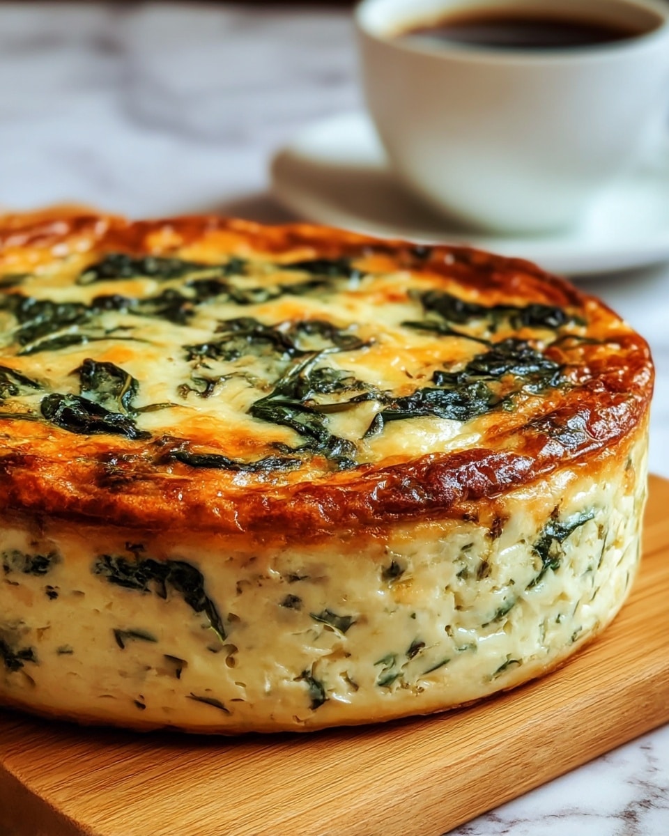 The image shows a round, thick quiche with two visible layers. The bottom layer is creamy and light yellow with bits of green herbs mixed throughout. The top layer is a slightly browned, golden crust with patches of melted cheese and dark green spinach leaves spread evenly. The quiche sits on a wooden board, and a white cup filled with dark coffee is blurred in the background. The surface under the board is a white marbled texture. photo taken with an iphone --ar 4:5 --v 7