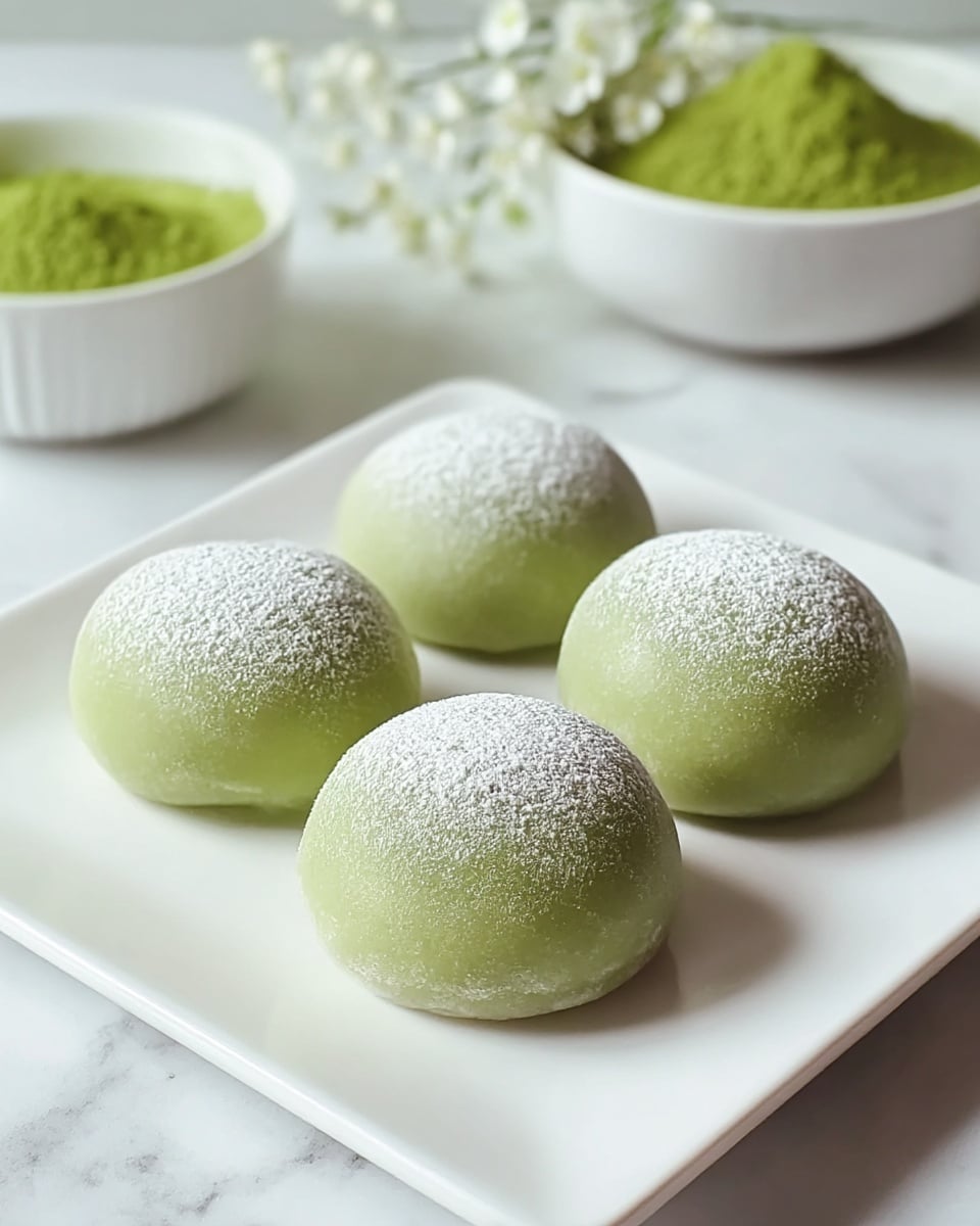 The image shows four round green mochi balls placed neatly on a white square plate. Each mochi has a smooth, slightly shiny surface with a soft green color, topped with a light dusting of white powdered sugar giving a delicate frosty look. The mochi balls are arranged in two rows of two on the plate, which sits on a white marbled surface. In the background, a white bowl filled with bright green matcha powder and some small white flowers are softly blurred, adding a fresh and natural touch to the setting. photo taken with an iphone --ar 4:5 --v 7