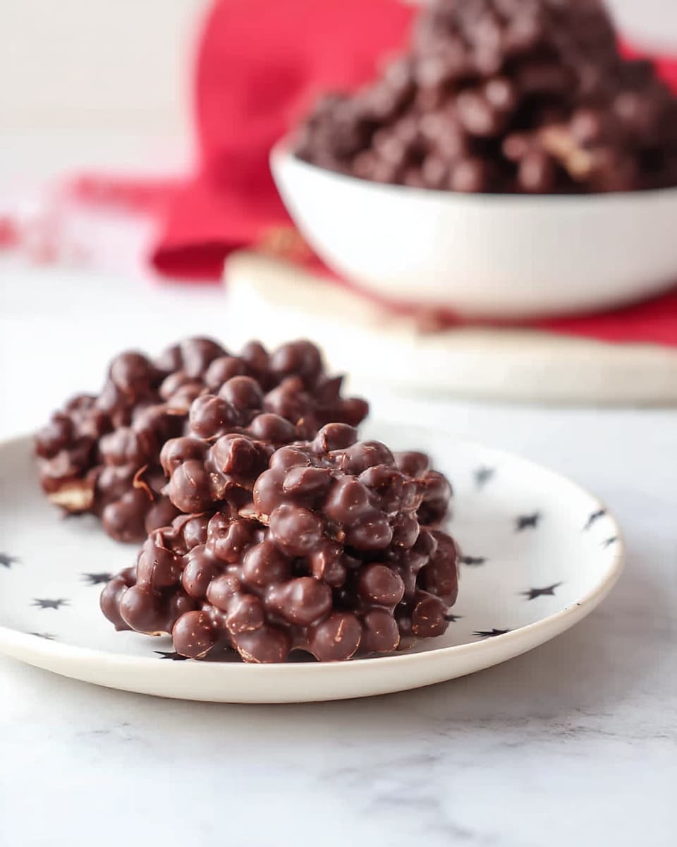 The image shows clusters of round, puffed cereal heavily coated in dark chocolate, forming rough, bumpy shapes. These chocolate-covered clusters rest on a white plate with faint black star patterns, with one cluster in front and one slightly blurred behind it. In the background, there is a white bowl filled with more of the same chocolate clusters. The setting includes a white marbled surface and a soft red cloth softly blurred in the back left, giving a warm contrast to the dark chocolate and white dish. photo taken with an iphone --ar 4:5 --v 7