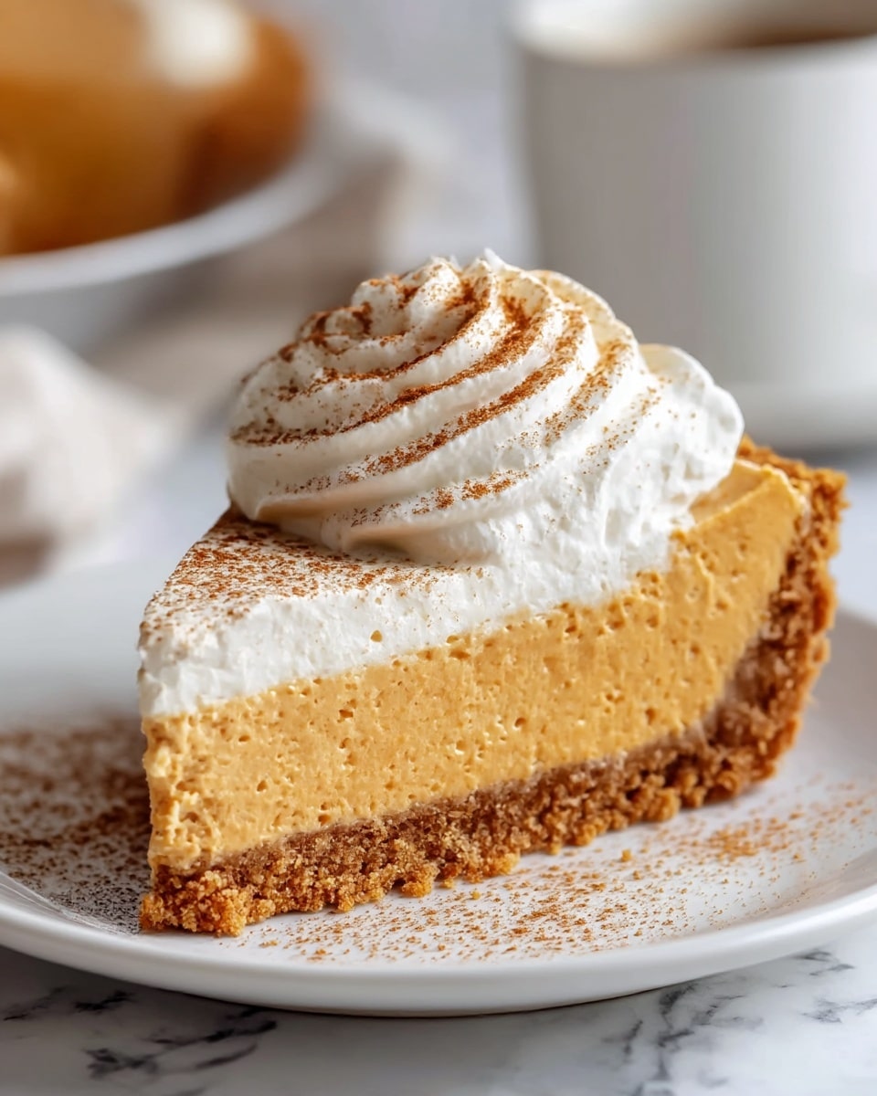 A slice of pie with three layers sits on a white plate on a white marbled surface. The bottom layer is a crumbly brown crust, rough in texture and uneven at the edges. Above it is a thick, smooth, light orange layer of filling. The top layer is a thick, fluffy white cream spread evenly, with a large swirl of whipped cream in the center sprinkled with a light dusting of brown cinnamon powder. Extra cinnamon powder is scattered lightly on the plate near the crust. In the background, a white cup is partly visible, out of focus. photo taken with an iphone --ar 4:5 --v 7