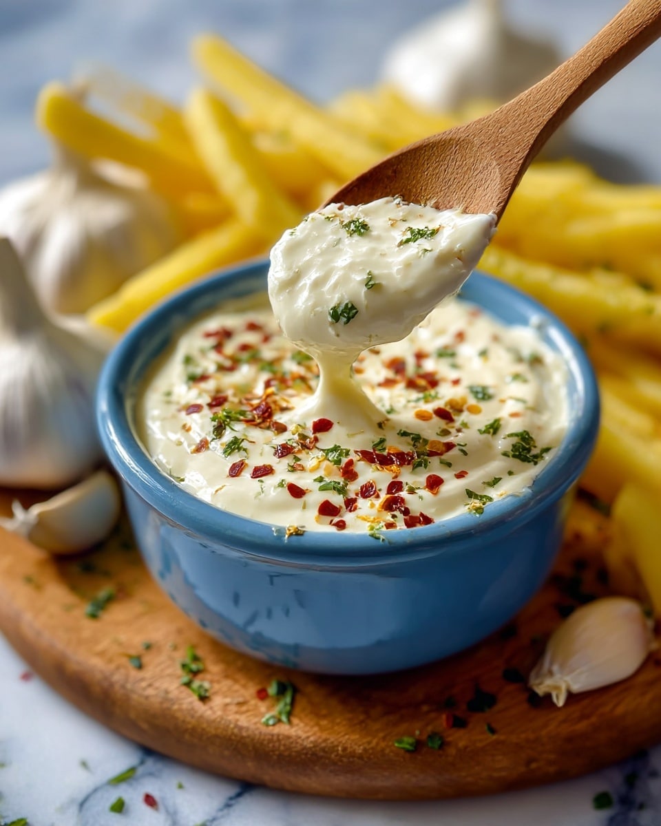 A close-up view of a textured black bowl filled with creamy white dip, topped with green chopped herbs and red spice flakes, with a wooden spoon lifting a dollop of the dip revealing its smooth and thick texture. Behind the bowl, there are golden-yellow French fries garnished with small green herbs, all placed on a wooden tray resting on a white marbled surface. Photo taken with an iphone --ar 4:5 --v 7