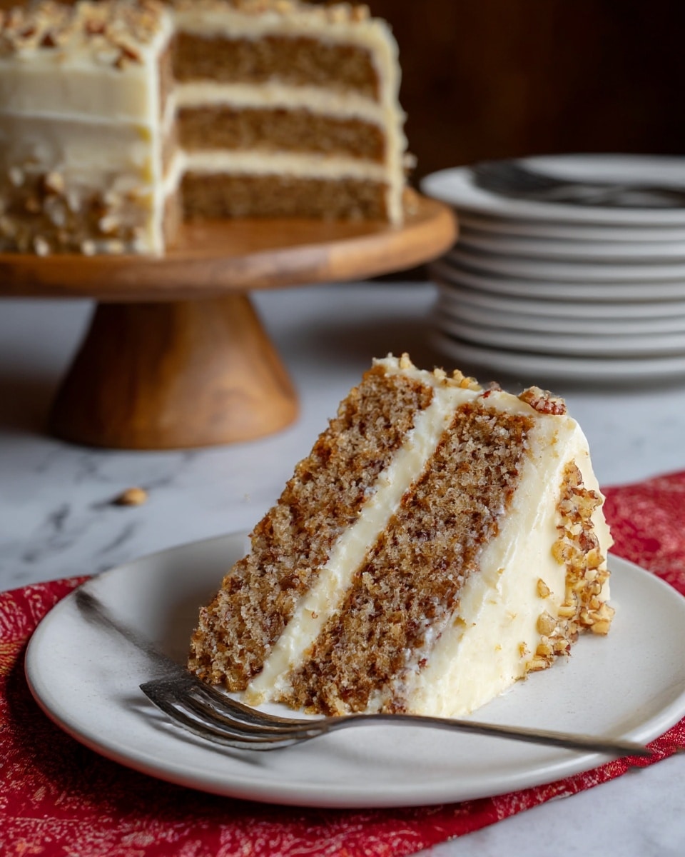 A slice of four-layer cake sits on a white plate, with each layer showing a light brown, nut-speckled texture separated by smooth, creamy white frosting. The top and sides of the cake slice are also coated with the same creamy frosting and sprinkled with small chopped nuts. A fork rests beside the slice on the plate. In the background, the remaining cake is visible on a wooden stand, and a stack of white plates sits next to the scene, all on a white marbled surface with a red patterned cloth partially under the plate. Photo taken with an iphone --ar 4:5 --v 7