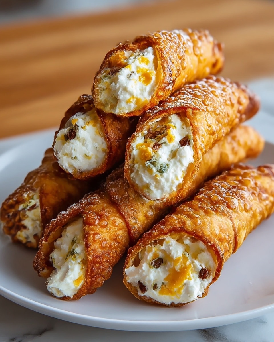 A white plate holds five crispy golden brown cannoli arranged in a loose stack, each shell covered in small bubbly textures indicating deep frying. Two cannoli are cut open, revealing the creamy white cheese filling mixed with bits of orange cheese and small dark green and brown pieces inside, all packed tightly within the crunchy outer layer. The shells show a rich, evenly toasted color with some darker browned spots, highlighting their crunchy texture. The background is a soft focus with a warm wooden tone laid on a white marbled surface. Photo taken with an iphone --ar 4:5 --v 7