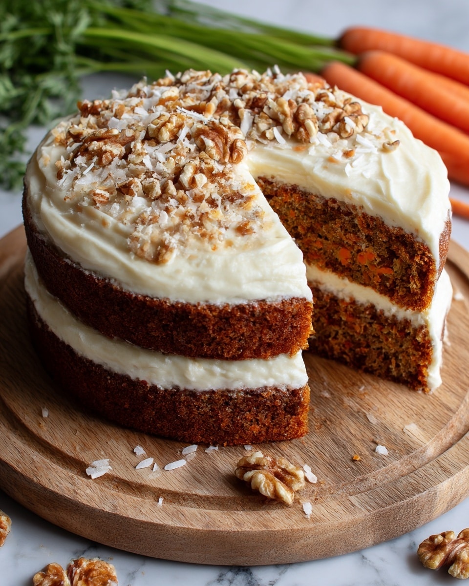 A two-layer carrot cake is shown on a round wooden board. The bottom and top layers are dark brown with visible small orange carrot pieces inside. Between the layers is a thick, creamy off-white frosting. The top layer is covered with the same frosting, spread thickly and smoothly. On top of the frosting, there is a generous sprinkle of chopped walnuts and shredded coconut. The cake has a wedge cut out, revealing the moist texture inside. The background shows whole carrots and some green leafy stems on a white marbled surface. photo taken with an iphone --ar 4:5 --v 7