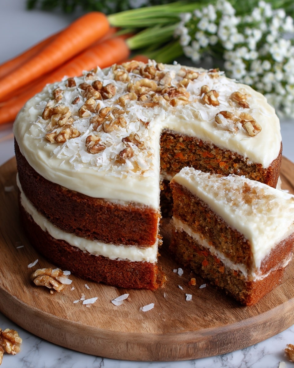 The image shows a two-layer carrot cake on a round wooden board, with a slice cut out to reveal the inside. Each cake layer is brown with visible orange bits of carrot, sandwiched and topped with a thick layer of creamy white frosting. The top is sprinkled with chopped walnuts and shredded white coconut. The background features fresh carrots and some small white flowers on a white marbled texture. photo taken with an iphone --ar 4:5 --v 7