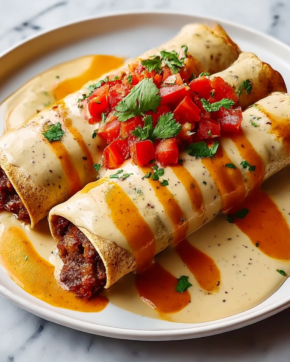 Three rolled tortillas filled with dark brown cooked meat are placed side by side on a white plate. The rolled tortillas are fully covered with a beige creamy sauce that has small dark pepper specks, and a rich orange sauce is drizzled over the top, flowing down the sides. On top of each roll, there is a garnish of bright red diced tomatoes and green cilantro leaves adding fresh color. The plate sits on a white marbled surface. Photo taken with an iphone --ar 4:5 --v 7