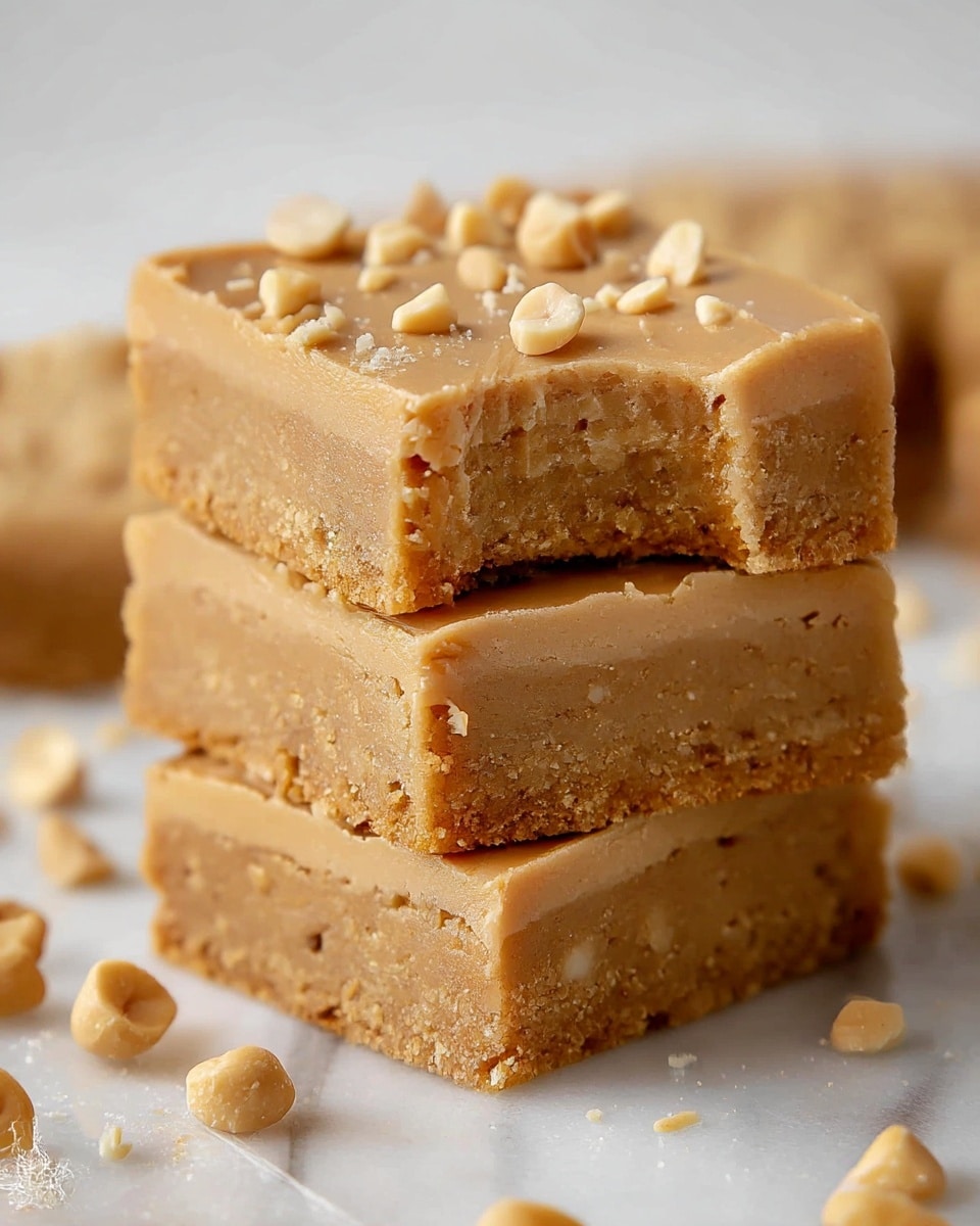 The image shows a stack of three square peanut butter bars on a white marbled surface. Each bar has two layers: a thick, crumbly light brown base and a smooth, slightly lighter brown peanut butter topping with a creamy texture. The top layer is sprinkled with small pieces of chopped peanuts, adding some rough texture and contrast. The bars are arranged with the top one slightly bitten on one corner, revealing the inside. Loose peanut pieces are scattered around the base of the stack. Photo taken with an iphone --ar 4:5 --v 7