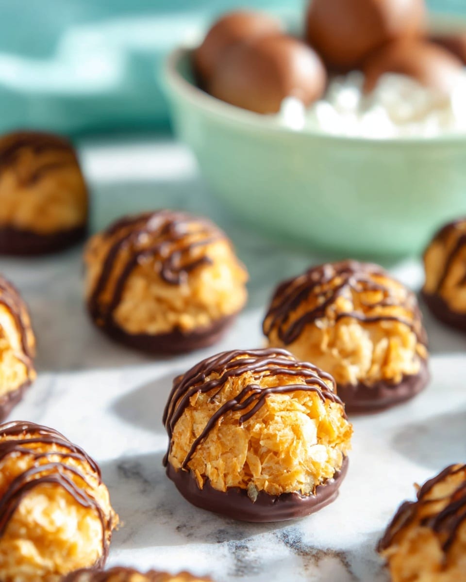 The image shows several small round treats with a rough, textured surface that is golden brown in color. Each treat has a dark chocolate coating at its base and is drizzled with thin lines of chocolate on top, adding a glossy, decorative touch. The treats are arranged on a white marbled surface, with a soft focus on a pale green bowl filled with white cream in the background, and a teal bowl with round brown items behind that. The lighting is bright and natural, highlighting the shiny chocolate and textured golden layers of the treats. photo taken with an iphone --ar 4:5 --v 7