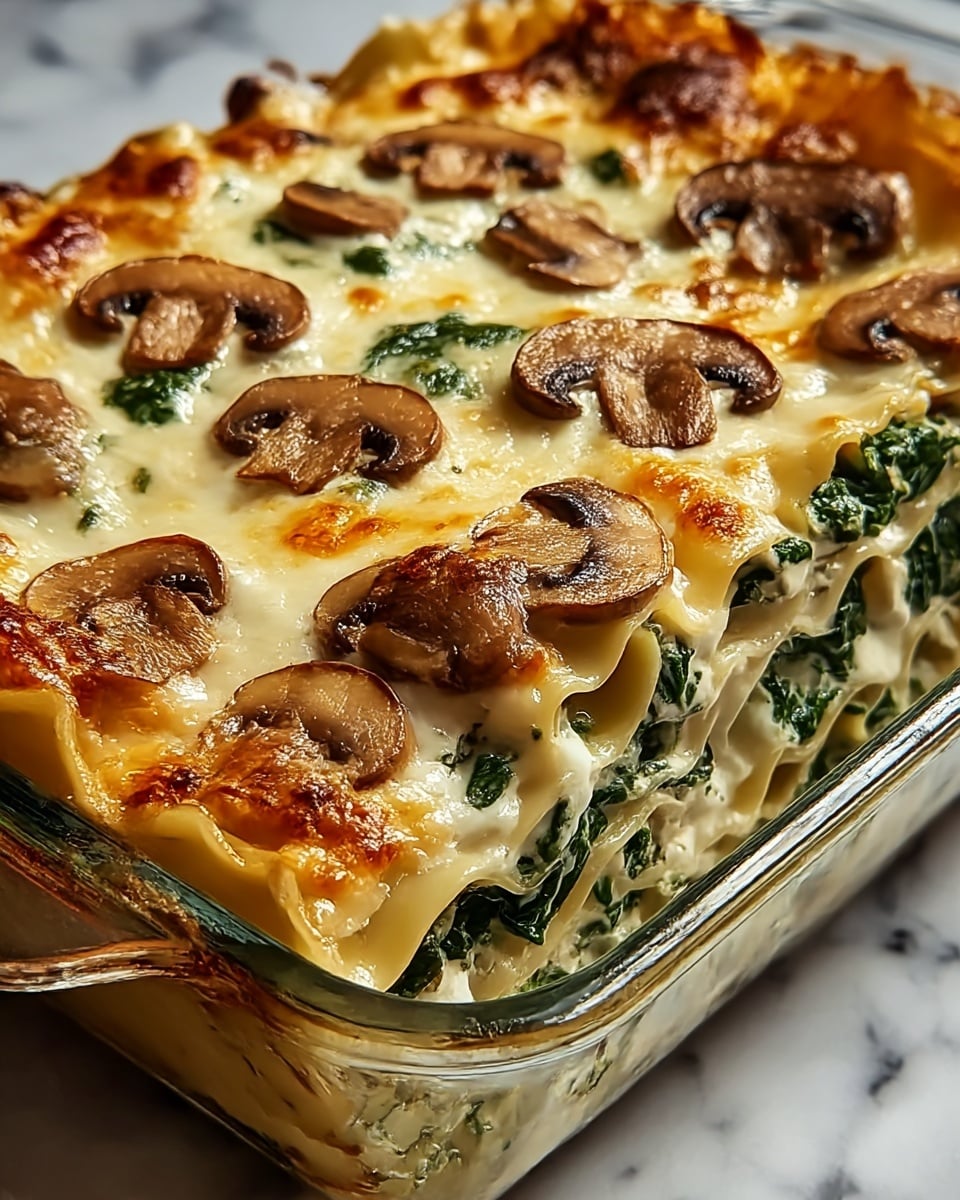 A close-up view of a baked lasagna in a clear glass rectangular dish, showing four visible layers of pasta sheets separated by creamy white cheese sauce and green spinach mixed with ricotta, topped with melted golden-brown cheese and scattered cooked brown mushroom slices. The edges are slightly browned and bubbly, with the layers visible from the side, revealing a rich, creamy texture combined with the softness of the pasta and mushrooms. The dish sits on a white marbled surface. Photo taken with an iphone --ar 4:5 --v 7