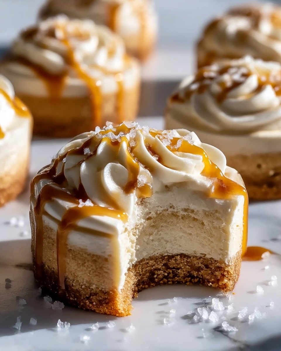 A close-up of a small round dessert with two layers on a white marbled surface, featuring a thick, crumbly light brown base and a top layer of smooth creamy white frosting piped in swirls, drizzled with golden caramel sauce and sprinkled with coarse sea salt crystals; part of the dessert is cut out showing the soft texture of the base and the creamy inside, with similar desserts blurred in the background. photo taken with an iphone --ar 4:5 --v 7