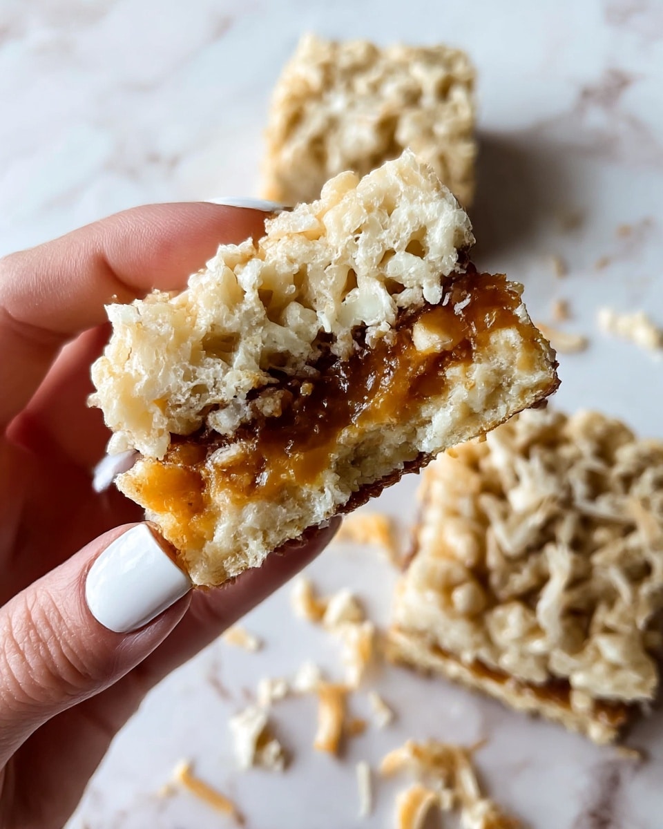 A close-up image of a woman's hand holding a broken crispy square snack with three distinct layers: the top and bottom layers are light beige crunchy rice pieces, the middle layer is a sticky orange-brown caramel-like filling, and the overall shape is uneven from being broken apart. In the background on a white marbled surface, there are two more whole square snacks with the same crispy rice texture and some scattered crispy rice bits around them. The woman's nails are painted white, adding contrast to the earthy tones of the snack. photo taken with an iphone --ar 4:5 --v 7