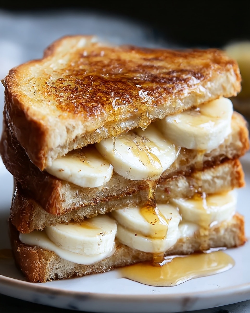 A close-up view of a sandwich cut in half and stacked, with two golden-brown toasted bread slices showing a crispy texture on the outside. Inside, there are two layers of sliced bananas, creamy white with a smooth texture, topped with a drizzle of honey that glistens and drips slightly, adding a shiny amber color. The sandwich sits on a white plate with a soft shadow underneath, on a white marbled surface. photo taken with an iphone --ar 4:5 --v 7