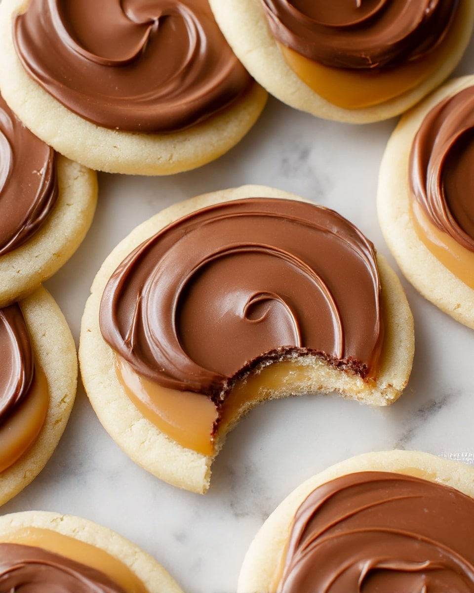 Several round cookies are shown close up on a white marbled surface, each having three layers: a bottom layer of pale, soft cookie dough, a middle glossy golden caramel layer spread evenly, and a smooth top layer of milk chocolate spread evenly in a circular swirl. One cookie in the center has a bite taken out of it, clearly showing the three layers stacked. The cookies are arranged close together, filling the frame with warm, neutral tones. Photo taken with an iphone --ar 4:5 --v 7