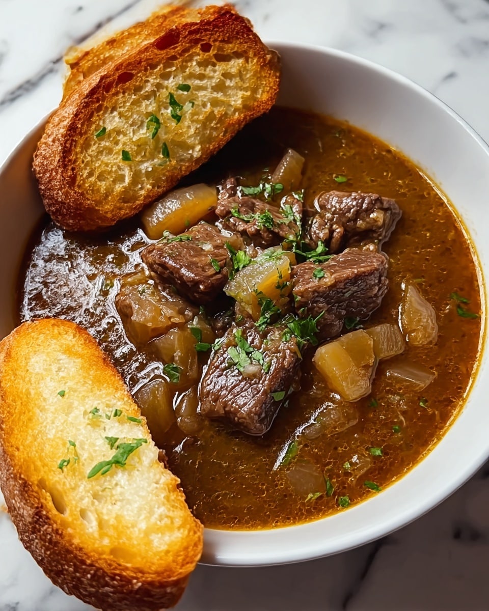 A white bowl filled with a rich brown beef stew that has visible chunks of tender meat and translucent cooked onion pieces floating in the broth. On top, small pieces of chopped green herbs add a fresh touch. Two toasted slices of crusty bread with a golden brown crust are resting on the side inside the bowl, slightly dipped into the stew. The bowl is placed on a white marbled surface. Photo taken with an iphone --ar 4:5 --v 7