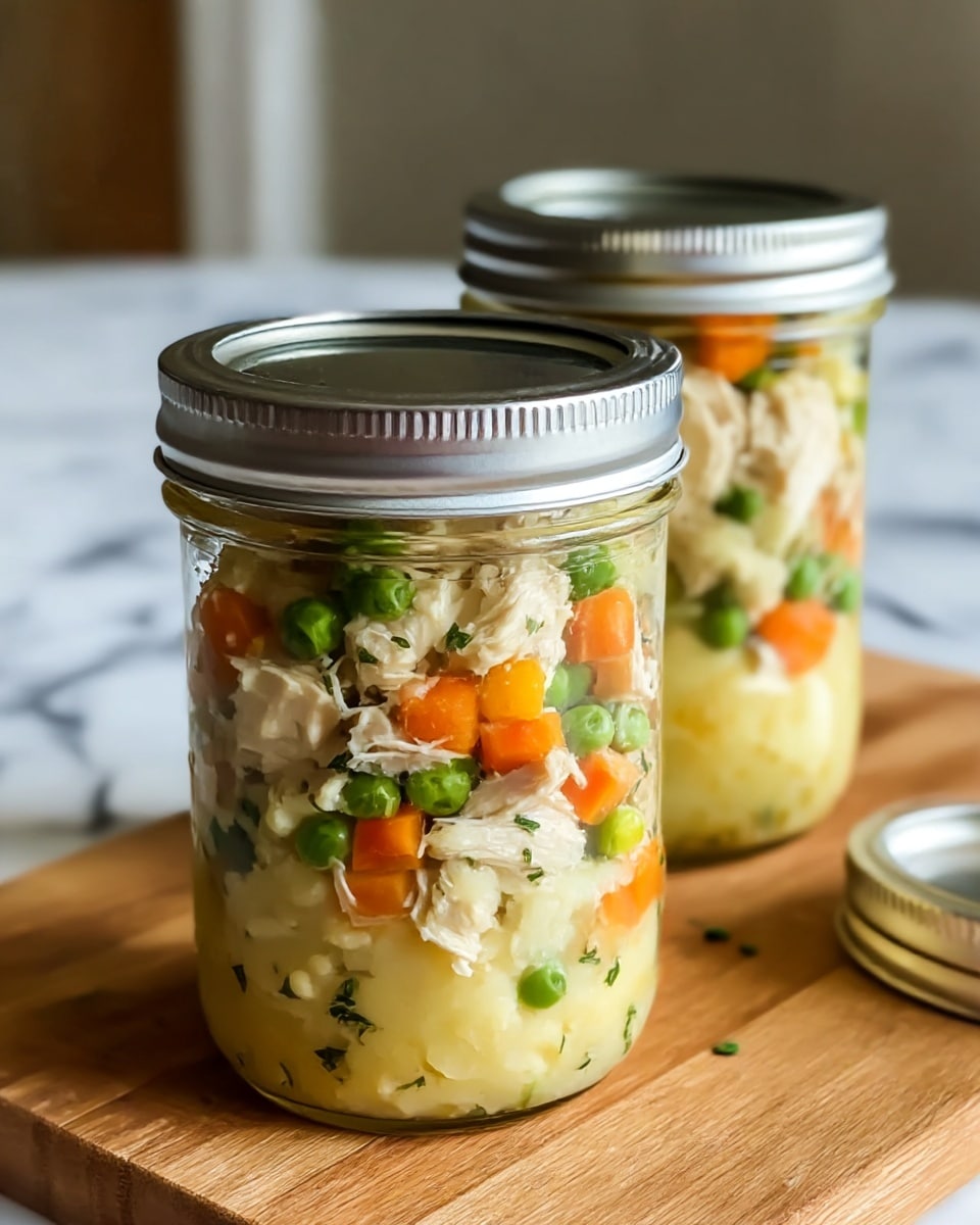 Two glass jars filled with a colorful chicken and vegetable mixture sit on a wooden board. Each jar is tightly closed with a silver metal lid. The dish inside has three layers: the bottom layer is light yellow mashed potatoes, creamy and smooth; the middle layer is a mix of white chicken pieces and small diced vegetables including bright orange carrots, green peas, and slightly translucent onions; herbs are speckled throughout the chicken and vegetables, adding green flecks. The background has a soft focus with a white marbled texture beneath the jars. Photo taken with an iphone --ar 4:5 --v 7